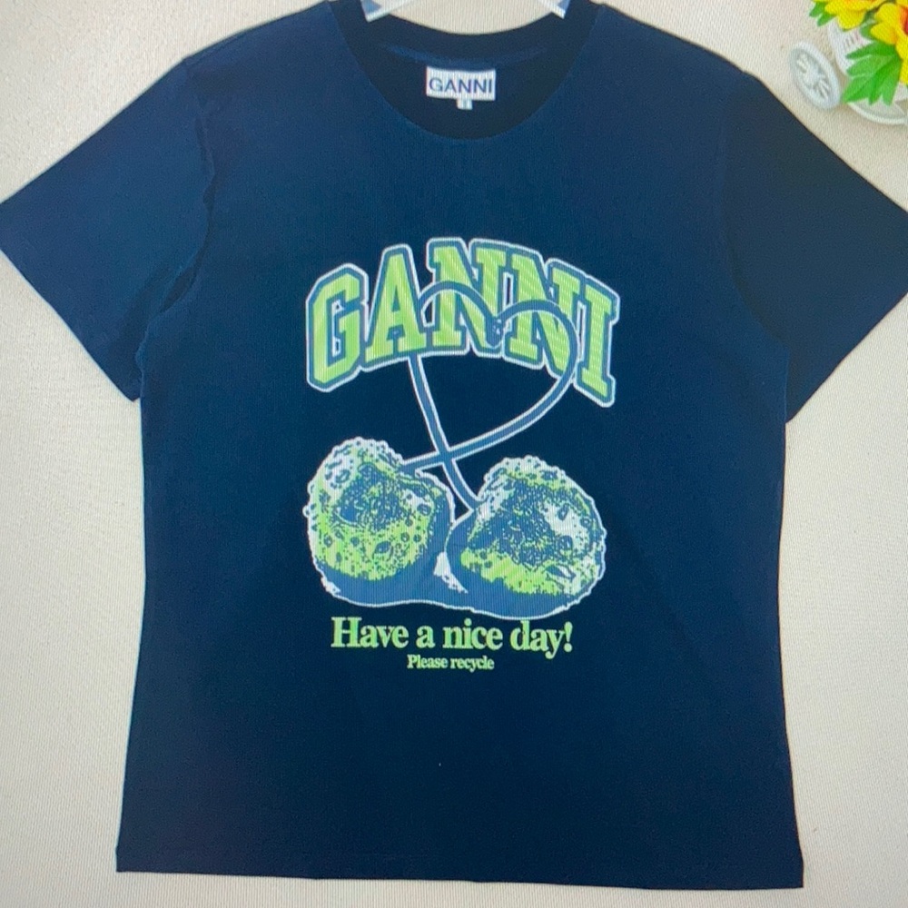 Ganni new black Green cherry print round neck loose short sleeved